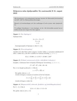 STX Matematik B 15. August 2012 - Delprøven uden hjælpemidler