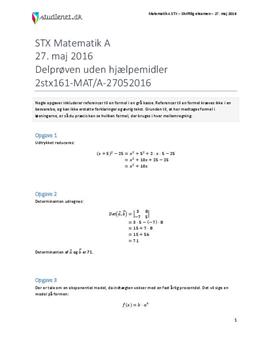 STX Matematik A 27. maj 2016 - Delprøven uden hjælpemidler