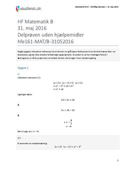 HF Matematik B 31. maj 2016 - Delprøven uden hjælpemidler
