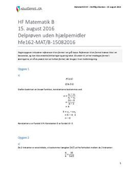 HF Matematik B 15. august 2016 - Delprøven uden hjælpemidler