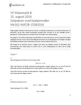 HF Matematik B 15. august 2016 - Delprøven med hjælpemidler