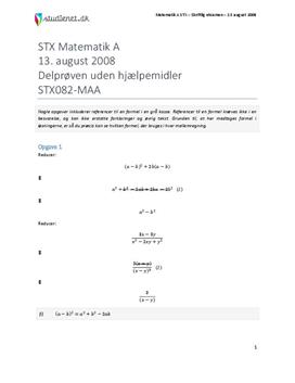 STX Matematik A 13. august 2008 - Delprøven uden hjælpemidler